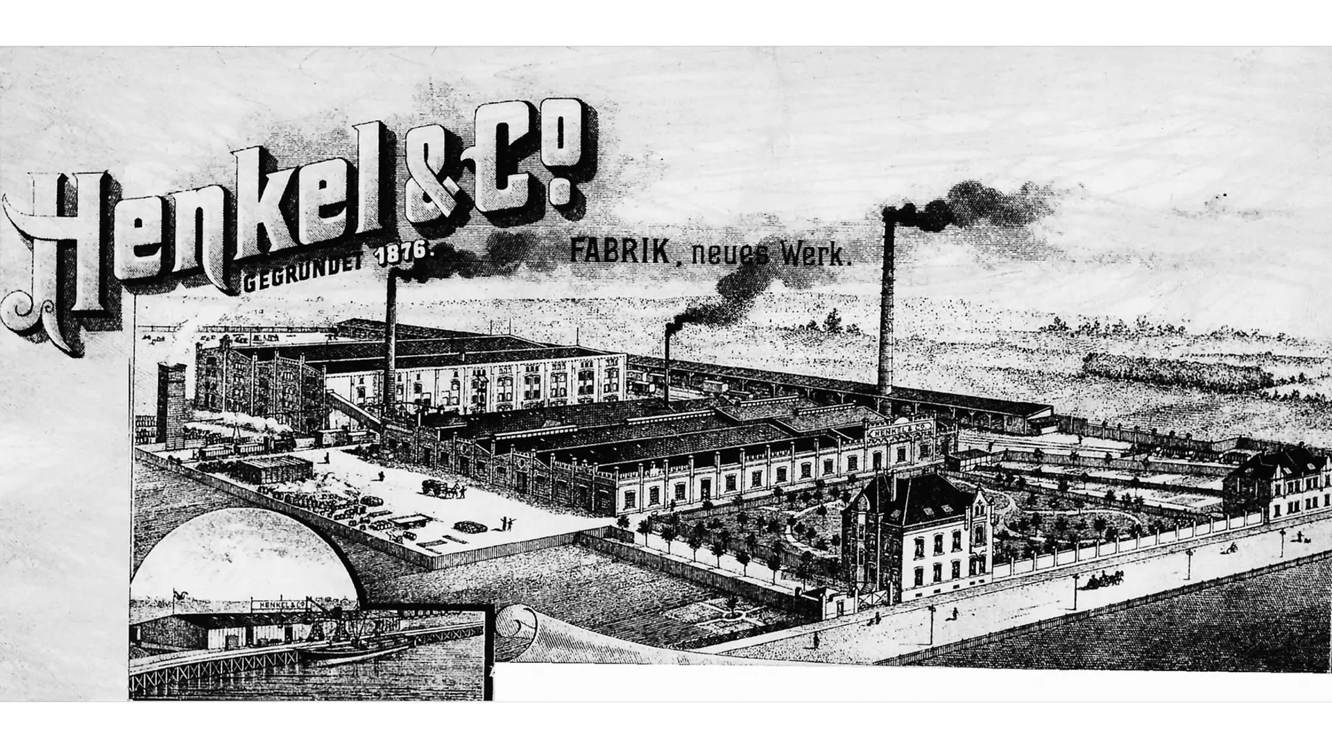 Επιστολόχαρτο της Henkel με εικόνα του εργοστασίου στο Holthausen και τμήμα του λιμανιού Reisholz στην κάτω αριστερή γωνία.