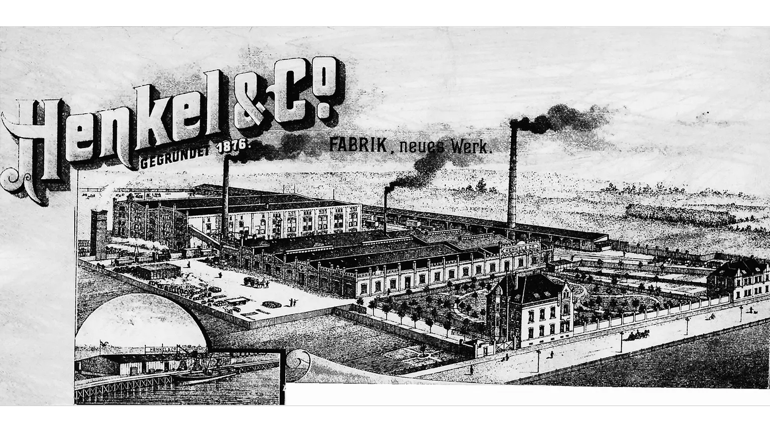 Επιστολόχαρτο της Henkel με εικόνα του εργοστασίου στο Holthausen και τμήμα του λιμανιού Reisholz στην κάτω αριστερή γωνία.