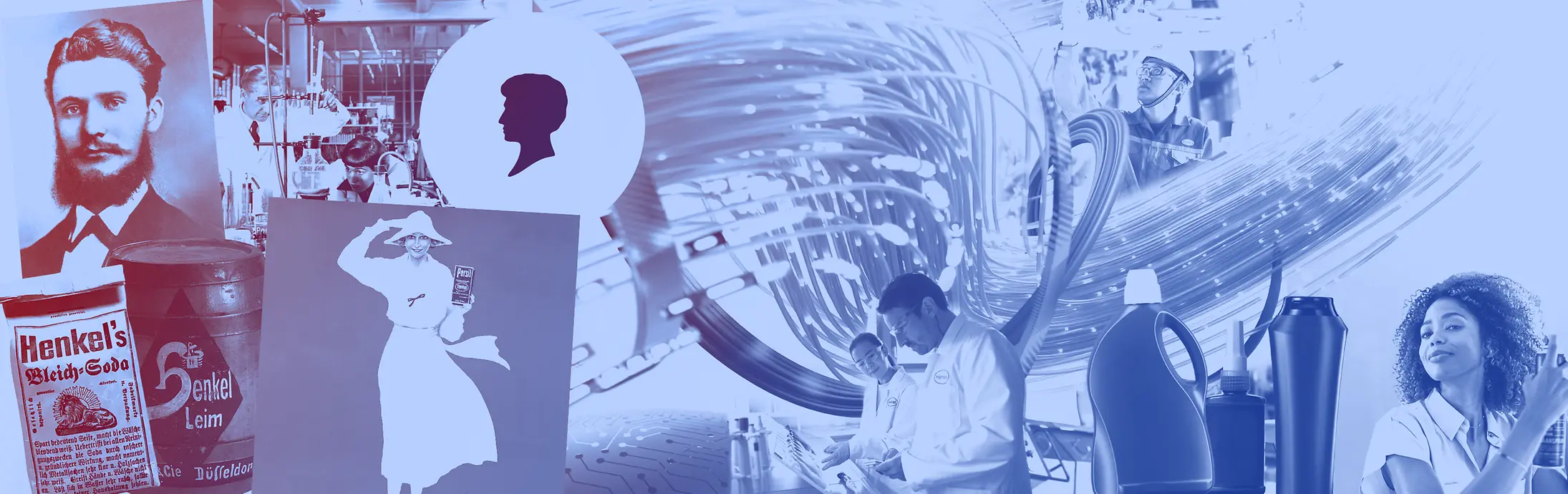 Κολάζ από vintage προϊόντα Henkel, μπουκάλια απορρυπαντικών, εργαζόμενους σε εργαστήριο και ιστορικές διαφημίσεις σε μπλε τόνους.