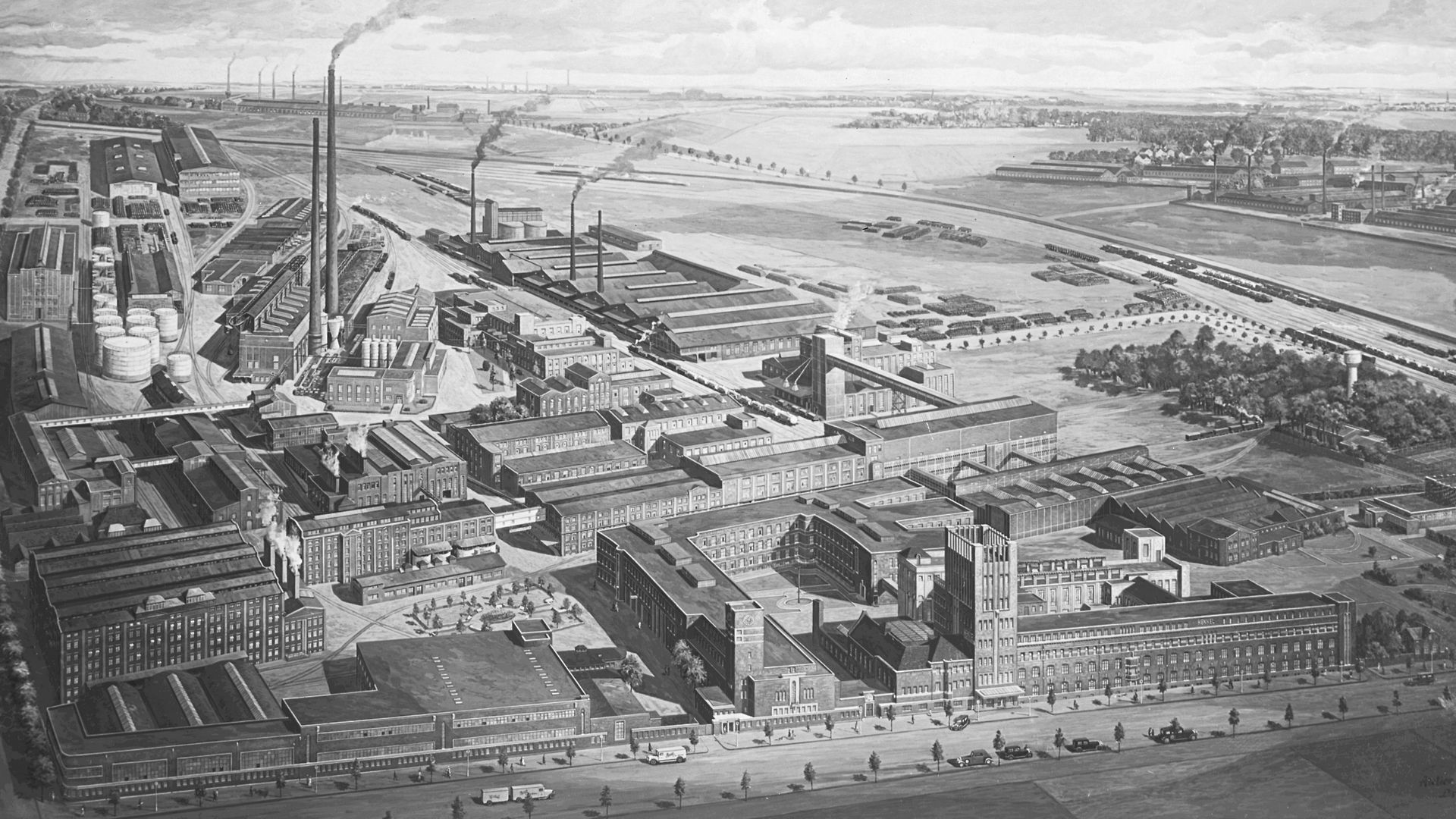 Σχεδιασμένη εξωτερική άποψη του εργοστασίου της Henkel στο Düsseldorf-Holthausen.